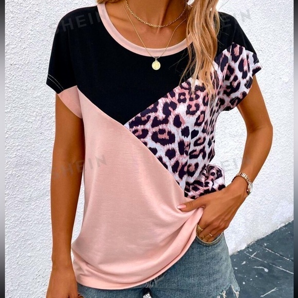 Women’s SHEIN LUNE Leopard Print Colorblock Batwing Sleeve Tee - Size XL - NWOT - Picture 3 of 4